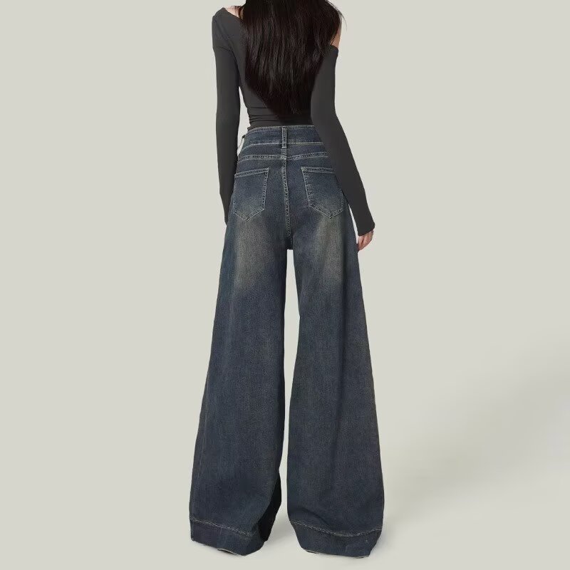 Cement grey wide-leg jeans for women, making them look taller and slimmer. New style in 2025, loose design, straight and drappy floor-length pants Application Scenario