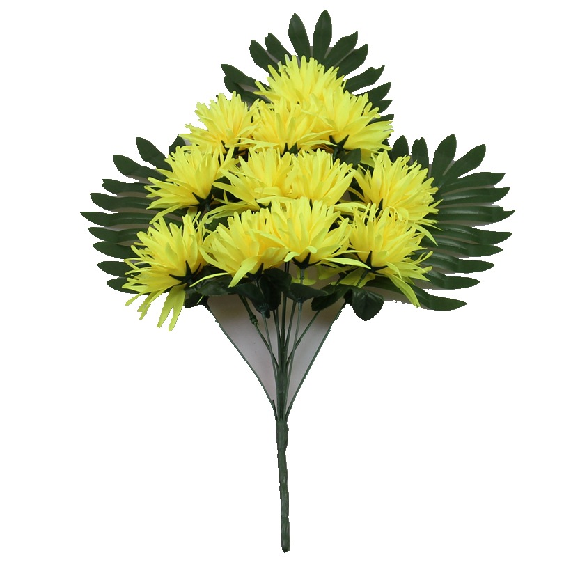 Fan-shaped artificial chrysanthemum manufacturer, 12-head artificial flower finished products, golden thread chrysanthemum artificial hand bouquet, 18-head artificial silk flower Item Picture