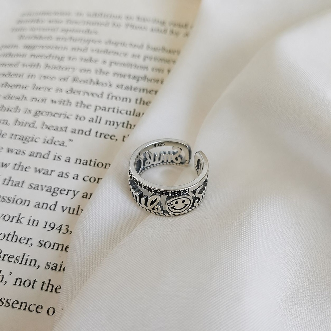 S925 sterling silver retro aged letter smile smiling face ring wide, niche and versatile open index finger silver ring Item Picture