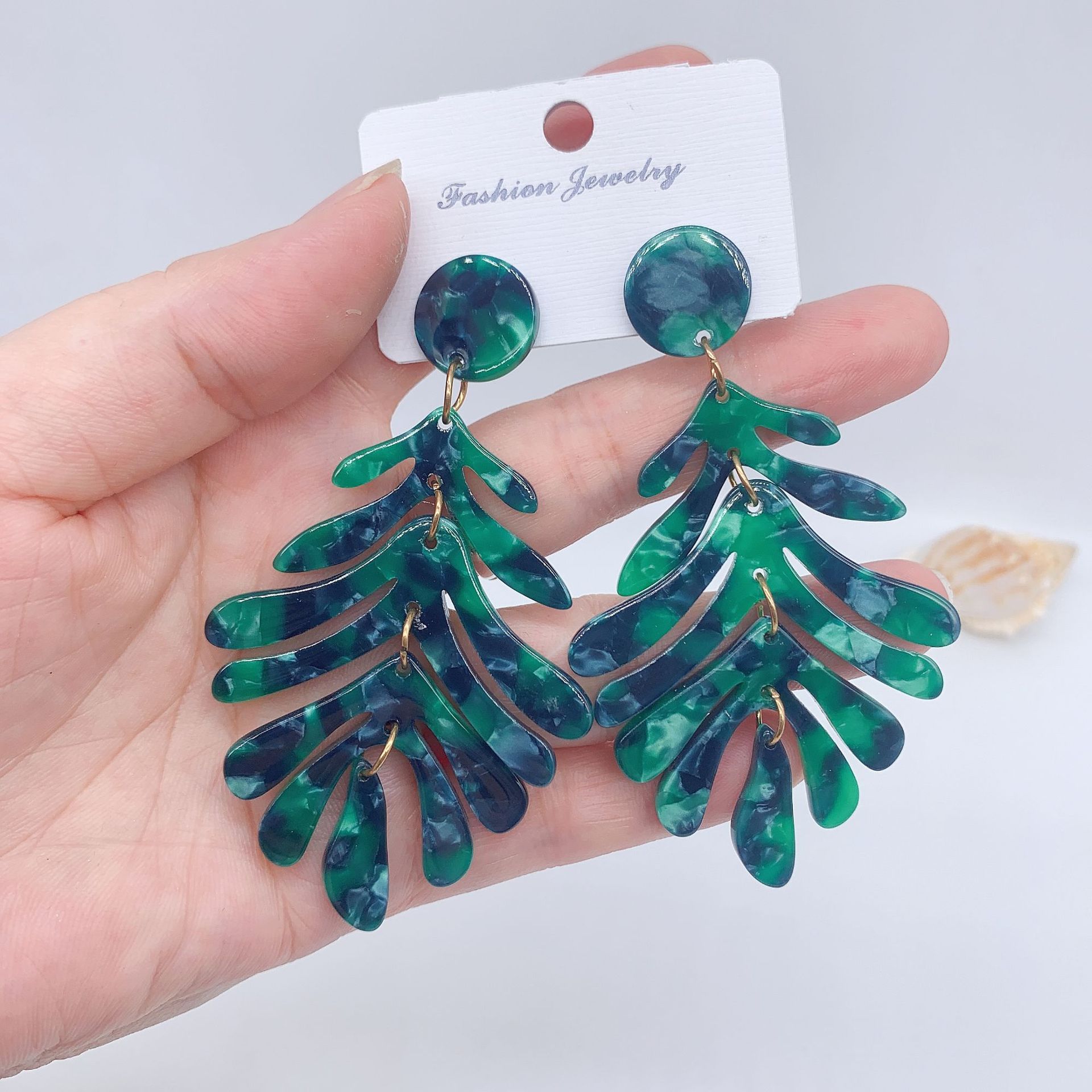 亚马逊时尚大牌长款耳饰欧美新款树叶清新简约醋酸板材叶子耳坠女细节图