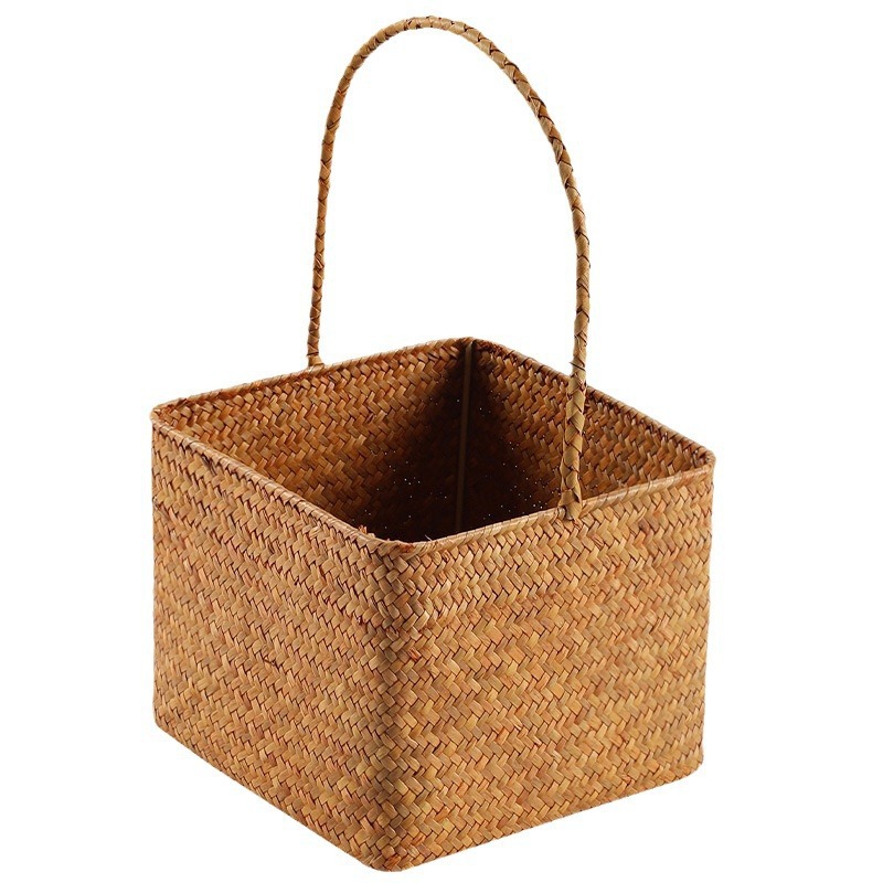 日式野餐篮藤海草编织插花篮婚礼喜糖装伴手礼杨梅手提篮子收纳筐白底实物图