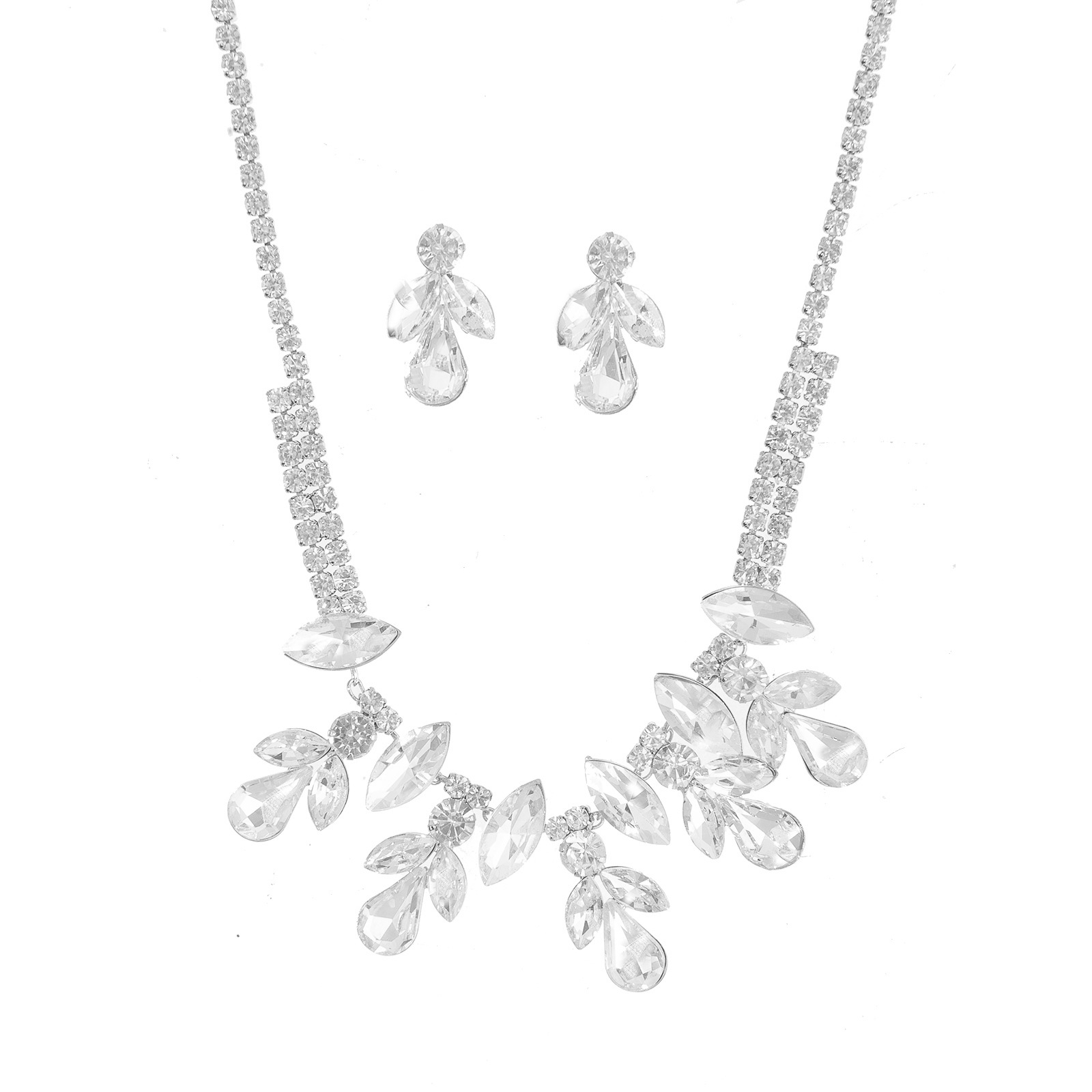 Factory direct sales of cross-border jewelry, luxurious large water diamond necklace and earring set, exaggerated stage style, banquet and wedding diamond-encrusted jewelry set Specification image