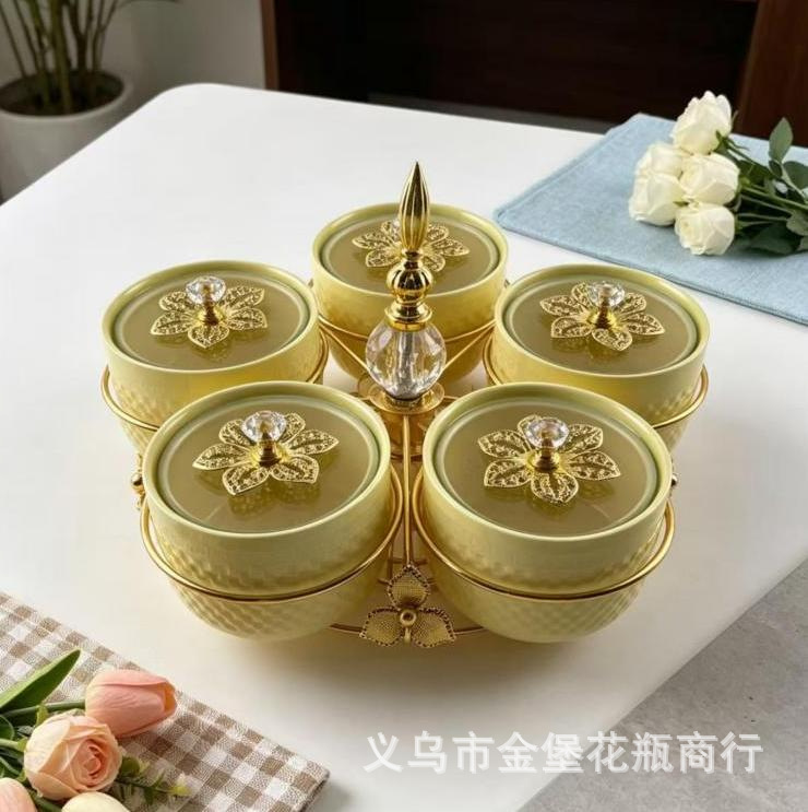 大容量五格旋转果盘 浮雕竖纹陶瓷密封果碗 酒店会所婚宴商用多格 Specification image