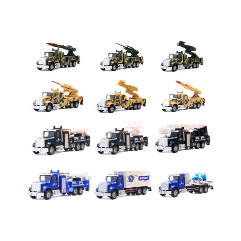 合金车模型仿真挖掘机消防车儿童工程车回力特警军事玩具男孩批发白底实物图