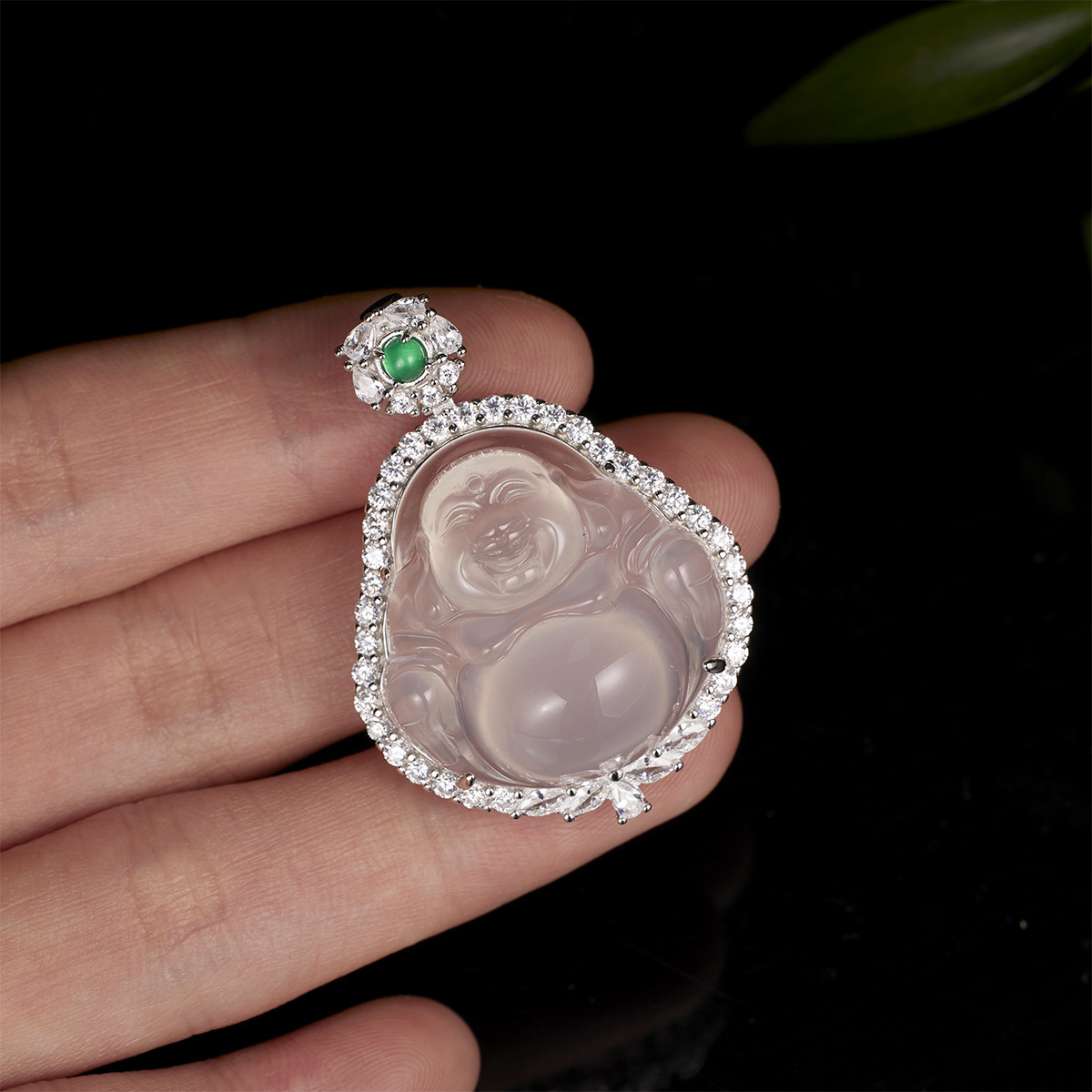 S925 Silver Chinese-style large-bellied Buddha Pendant, high ice chalcedony necklace with diamond and green chalcedony collarbone chain wholesale details Picture