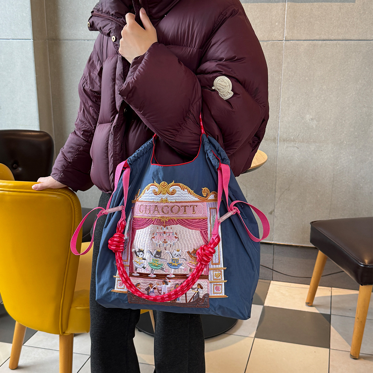 Ballet cat canvas bag, custom-made in Japan, embroidered ballchain eco-friendly bag, custom shopping bag, women's single-shoulder bag Specification image
