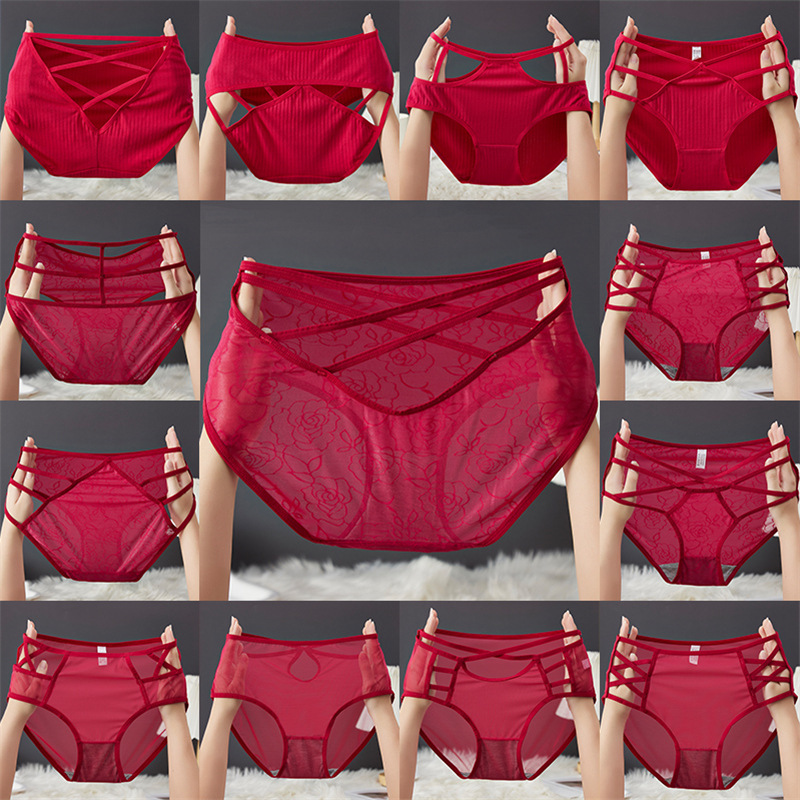 Sexy mesh underwear for women, breathable and comfortable, with fine straps, cross-cut, high-elasticity and high-waisted, large-sized Ankara red underwear for women