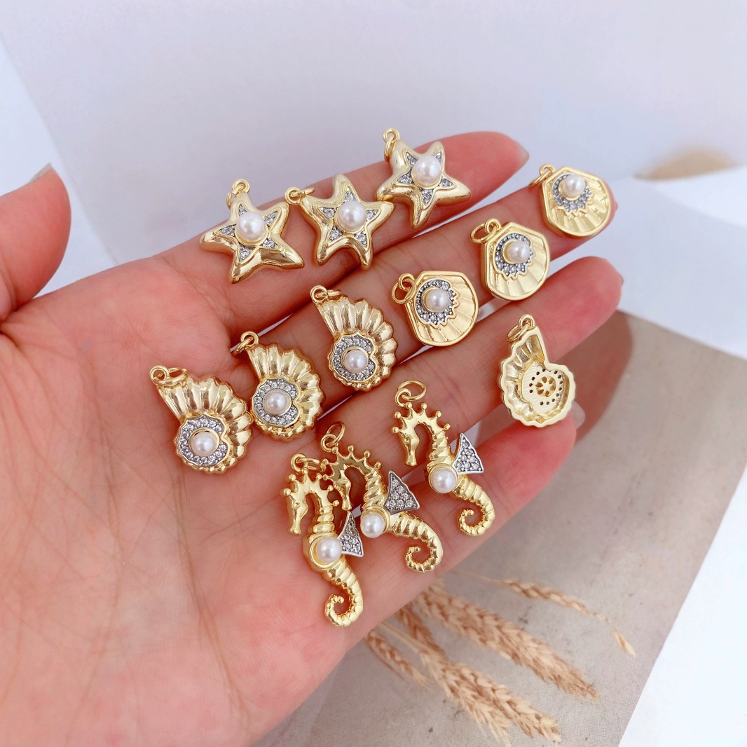 18K gold Marine life series starfish, conch, shell and pearl inlaid pendant diy handcrafted jewelry pendant