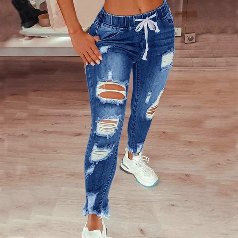 Amazon AliExpress cross-border European and American tight-waisted women's jeans, high-waisted ripped small leg lace-up long pants Specification image