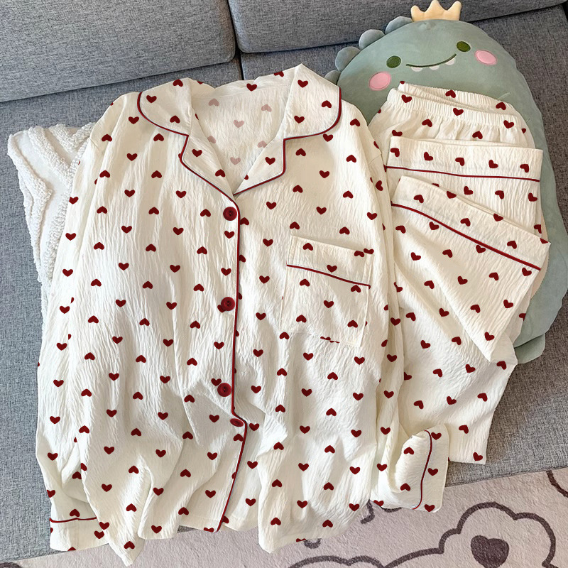 Gentle style girl's heart-shaped cardigan pajamas can be worn outside. Spring new wrinkled fabric home wear long-sleeved set wholesale Specification image
