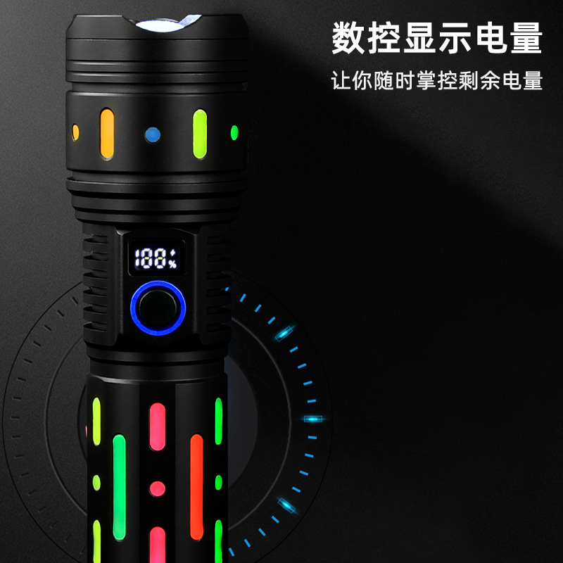 Douyin Amazon Strong Light White Laser flashlight charging zoom flashlight function Outdoor flashlight mobile phone charging Item Picture