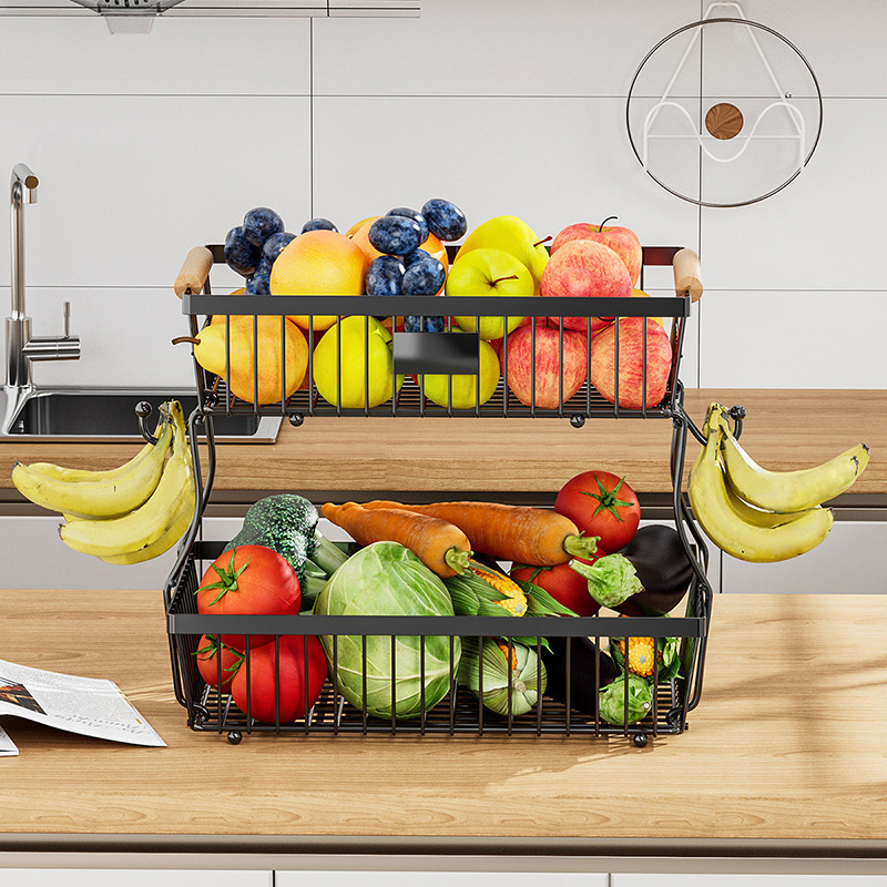 Cross-border kitchen fruit rack mango de madera portátil verduras cesta de frutas sala de estar doble desmontable snack storage