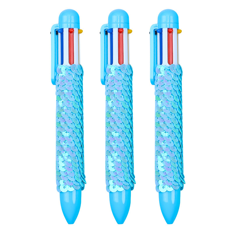 Creative fish-scale sequined six-color ballpoint pen, colored pen barrel, press multi-color pen, student highlighting key points, colored planner pen Item Picture