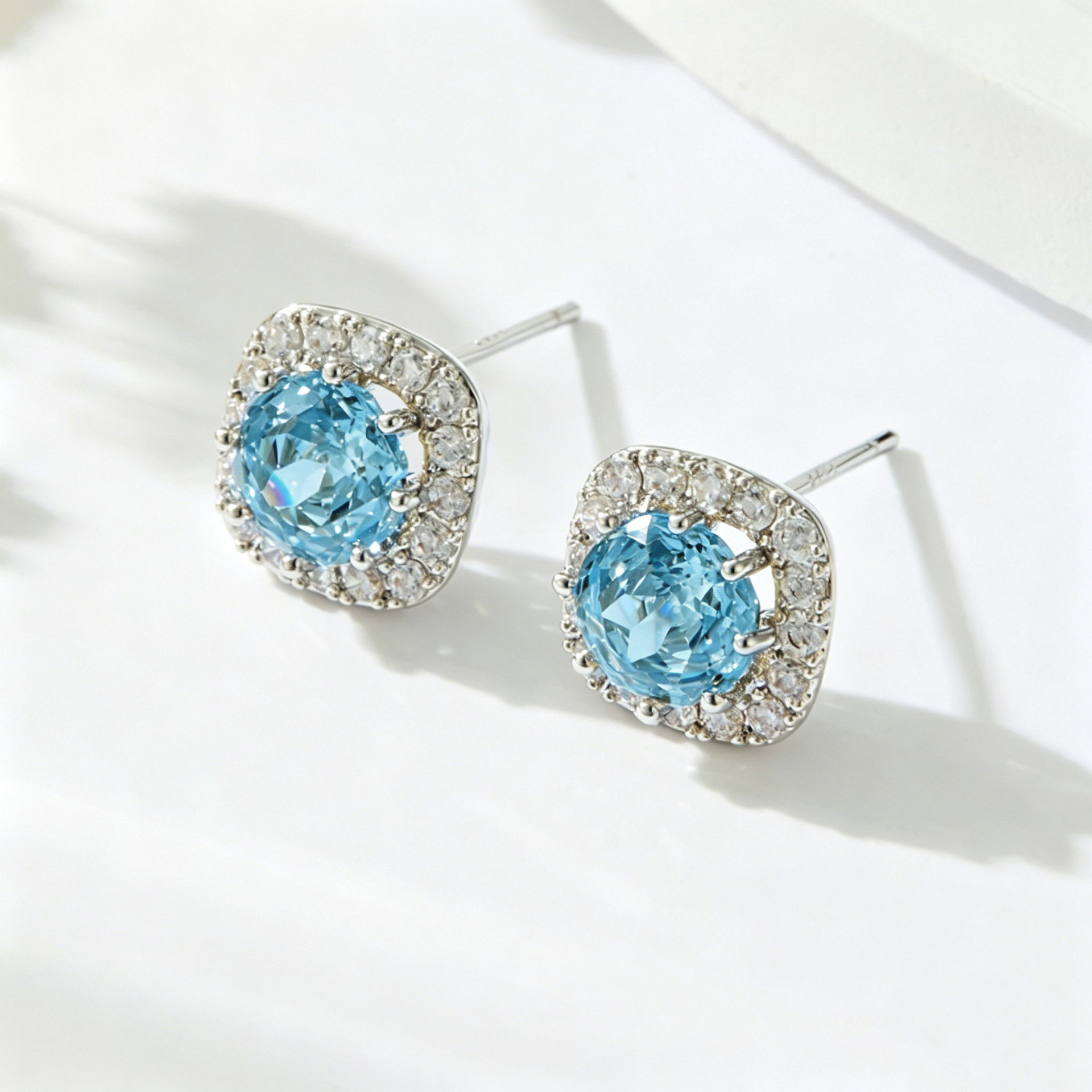 Heavy industry square micro-inlaid rose-cut ear studs, refreshing ice blue s925 silver needle, light luxury and high-end feel, bestseller and versatile earrings details Picture