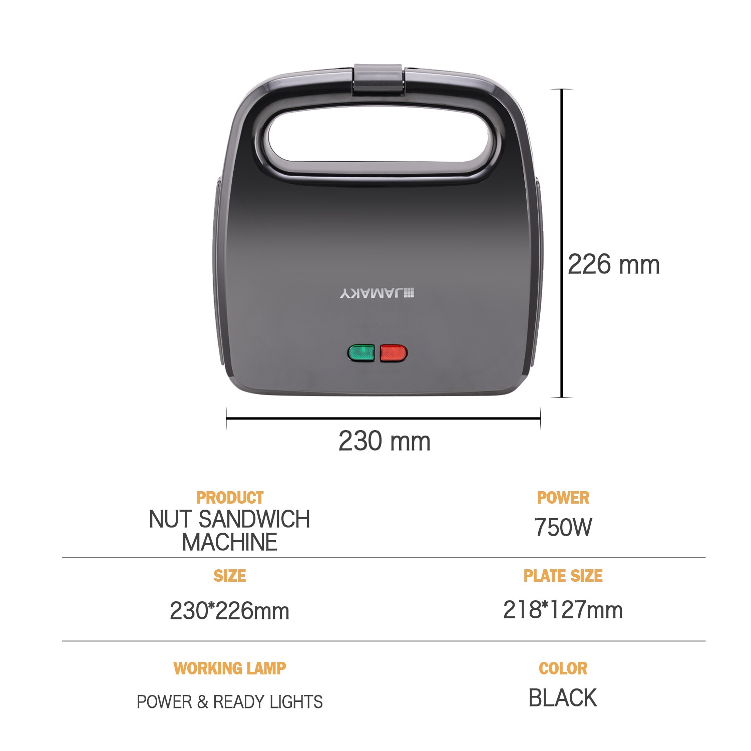 JAMAKY三明治早餐机多功能家用小型轻食吐司华夫饼烤面包JMK2009白底实物图
