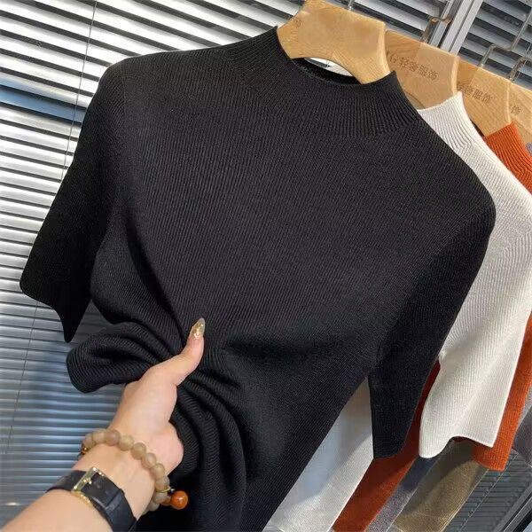 Spring and autumn thin semi-high neck base layer, women's half-sleeved knitted sweater, new five-quarter sleeve slim and stylish mid-sleeved inner layer top details Picture