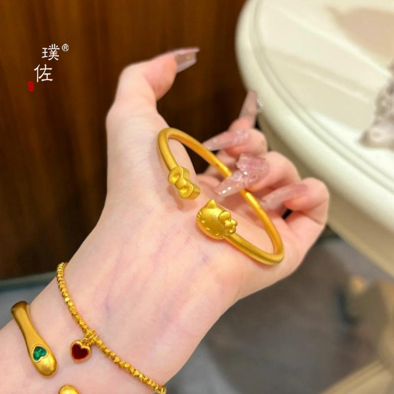 璞佐金店同款沙金可爱Kity手镯女轻奢时尚少女感开口手环送女友