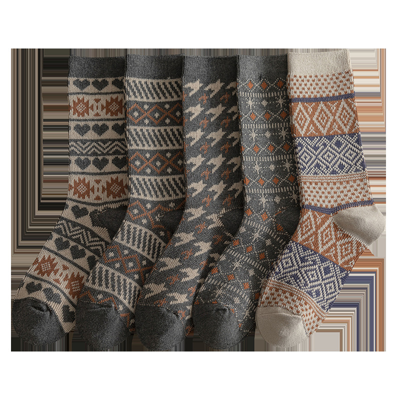 双针双路袜子女中筒袜加厚保暖无线头诸暨棉袜秋冬长袜复古民族风                              白底实物图