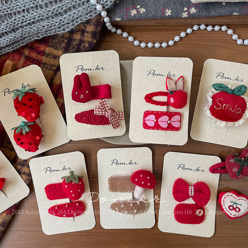 Nuevo coreano colección otoño invierno rojo atado paño mano hacer horquilla niño dulce par montado lateral pelo roto pinza pinza accesorios para el pelo Pom.kr rojo atado horquilla set fresa conejo manzana seta otoño dulce dulce adolescente