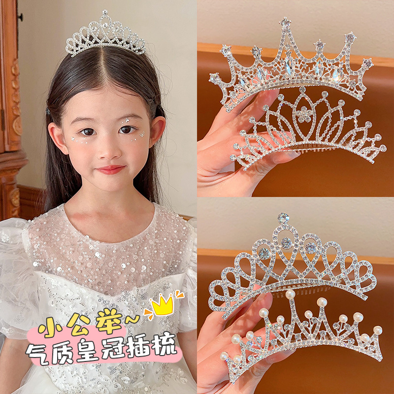 Children's princess crown hair comb accessory for girls and babies, high-end feel, water diamond insert comb, little girl birthday crown hair clip details Picture