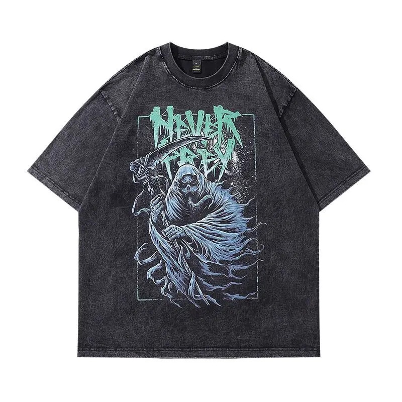 Washed and aged graffiti printed short-sleeved T-shirt, oversized off-the-shoulder men's short-sleeved T-shirt