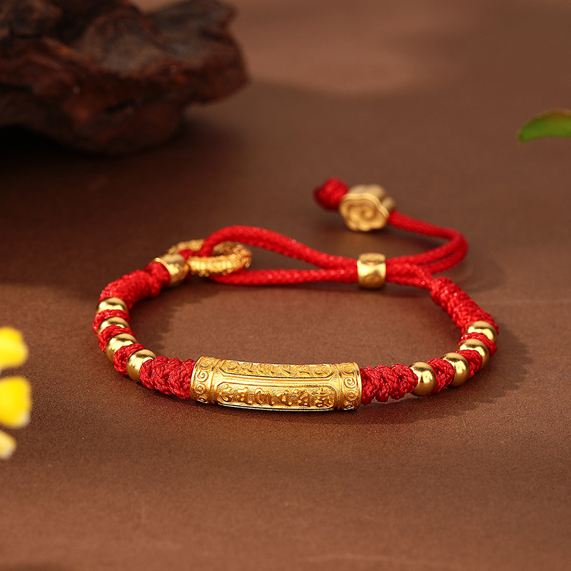 沙金红绳手链盘缠百福弯管手串铜镀金吊坠正品现货直播货源手串