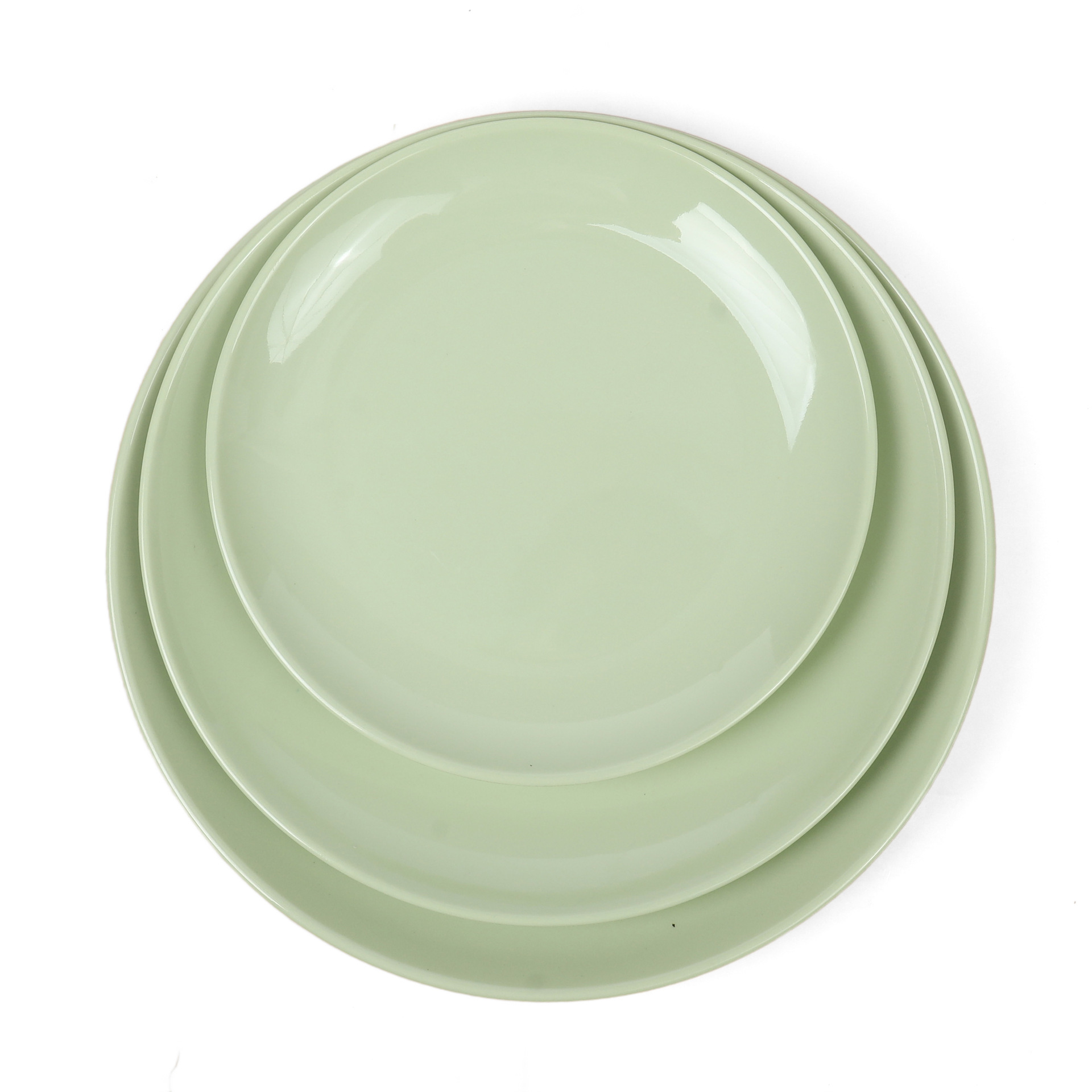 Wholesale of green round plates, melamine imitation porcelain flat plates, restaurant plates, commercial deep plates, round plates and stir-frying plates details Picture