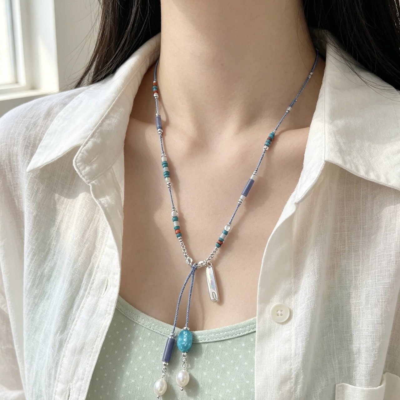 Ethnic-style colorful beaded woven necklace, retro color-blocking stone pearl tassel pendant, artistic and niche wholesale Application Scenario