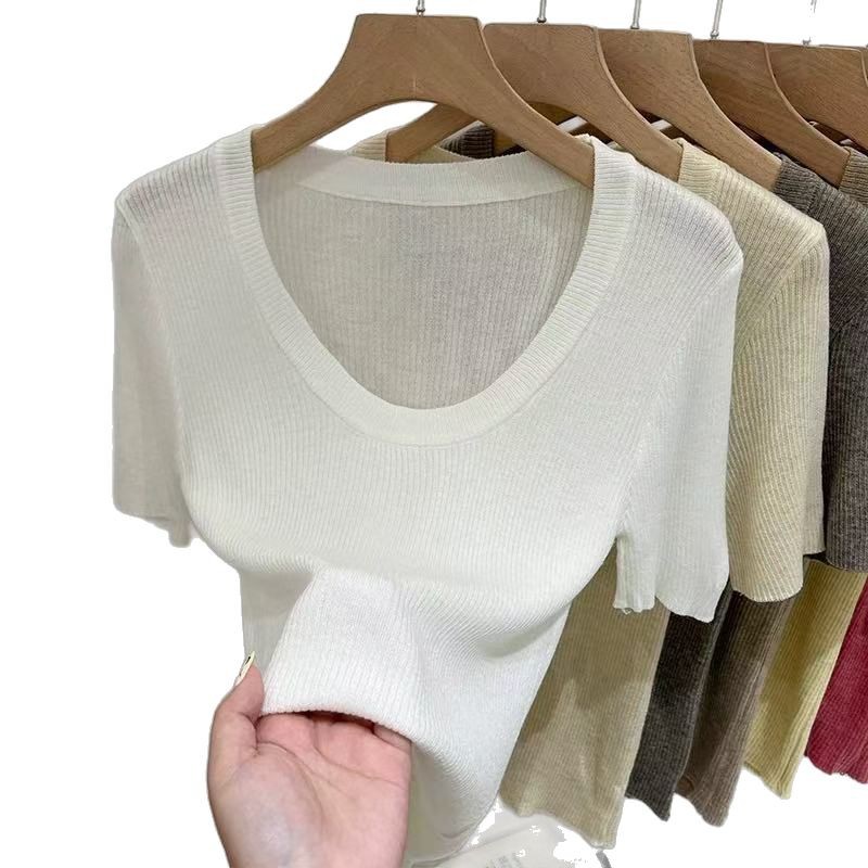 In 2025, a Korean-style U-neck off-the-shoulder knitted short-sleeved sweater for women, a thin solid color versatile spring short top for women Item Picture