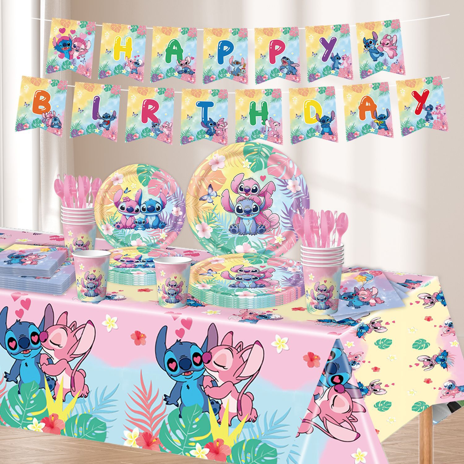 跨境彩色史迪仔主题派对装饰用品一次性纸盘纸杯纸巾桌布拉旗餐具