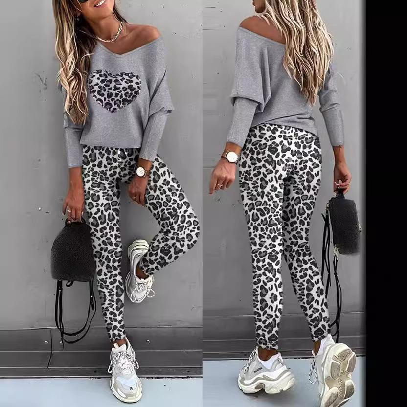 Cross-border best-selling European and American fashion women's long-sleeved and long-pants set, V-neck sexy off-the-shoulder sporty multi-color set Specification image