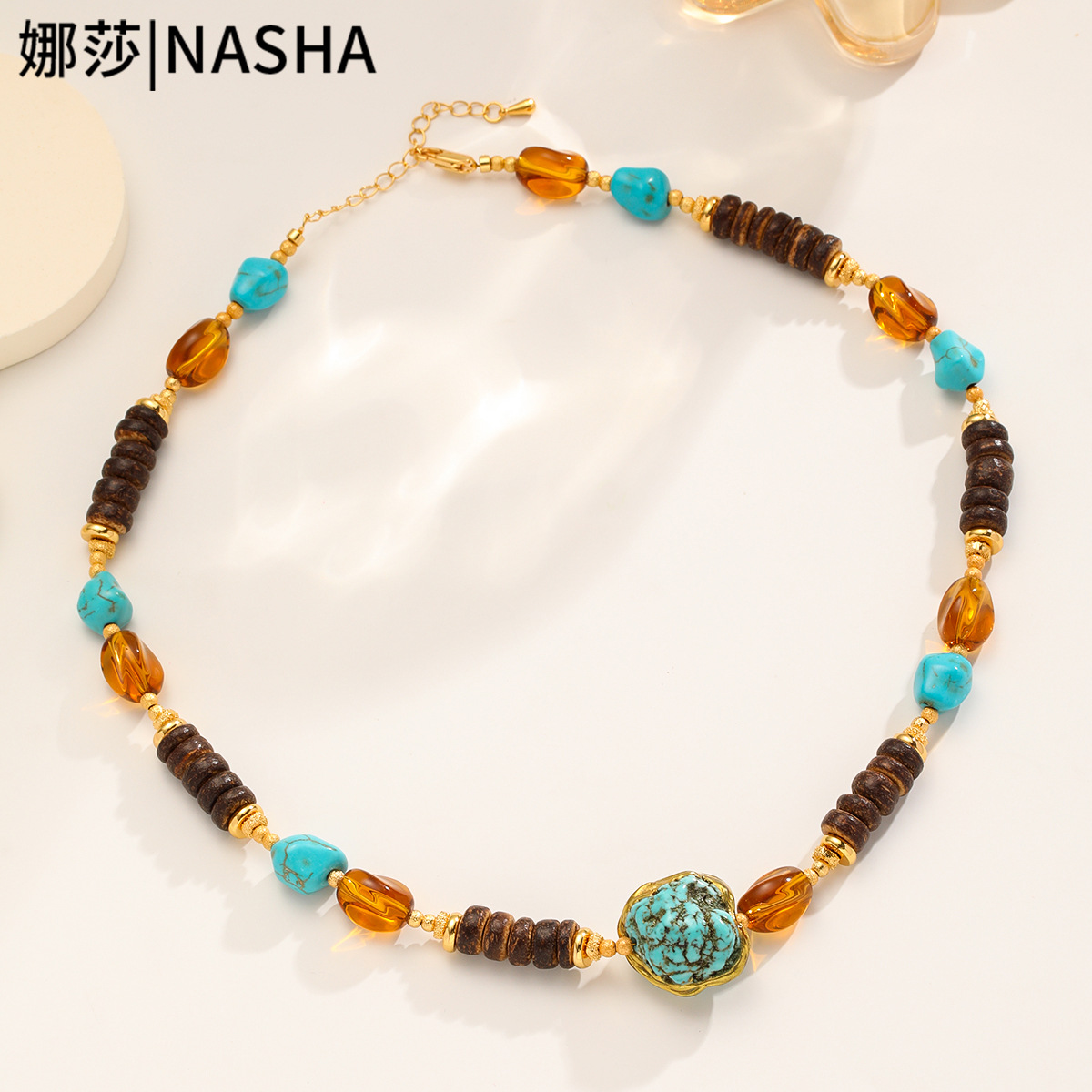 Nasha Cross-border Exclusive Maillard Wind Natural Stone Turquoise beaded Necklace, non-fading necklace, light luxury high quality