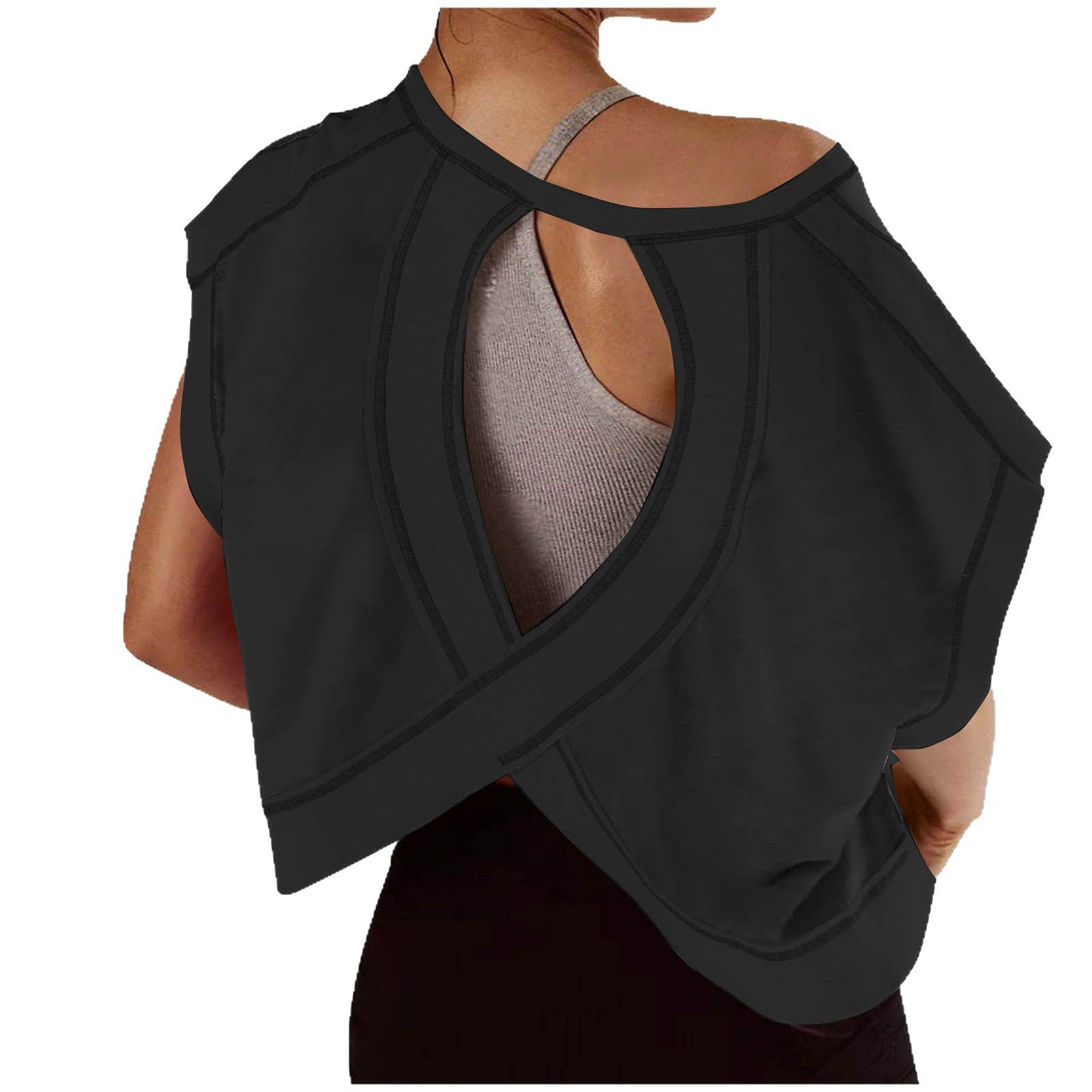 2026 Cross-border Amazon Women's casual loose solid color V-neck sporty backless hollowed-out Yoga T-shirt Item Picture