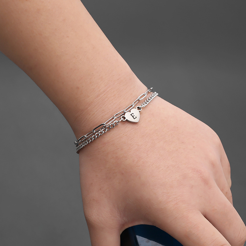 European and American stainless steel long box chain rectangular chain style bracelet, 26-letter DIY heart-shaped bracelet, titanium steel simple bracelet details Picture