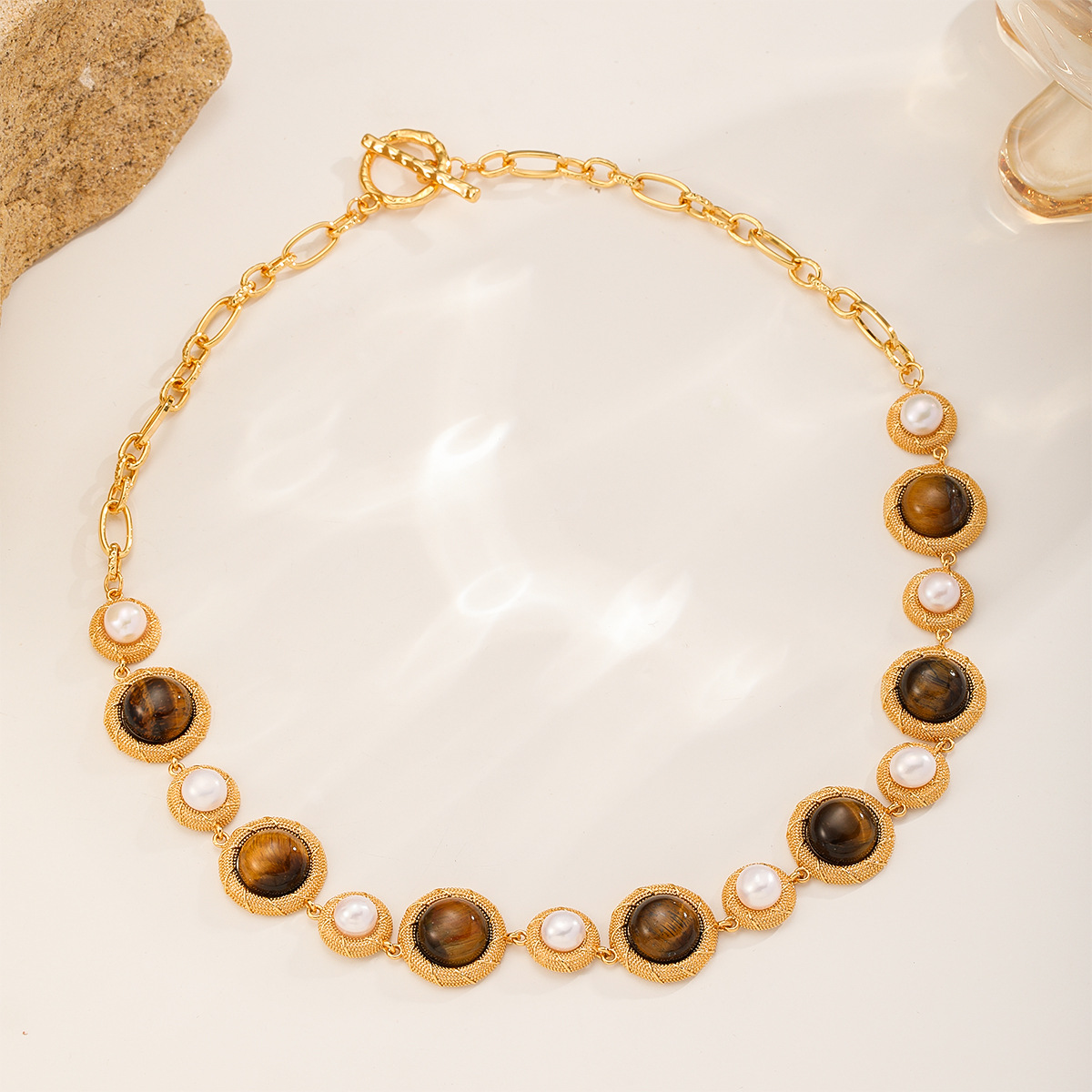 Nasha Cross-border Exclusive Maillard color series freshwater pearl tiger's eye stone necklace and earring Set Autumn and Winter jewelry set details Picture