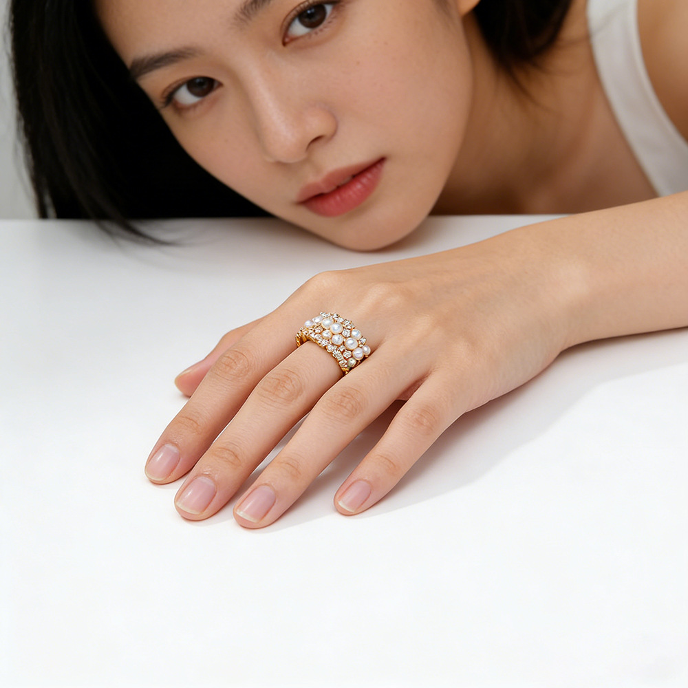 Hyacinth moda full circonitas perlas francés premium sentido anillo abierto mujer influencers explosivo estilo ligero extravagancia strass multiplos anillos Specification image