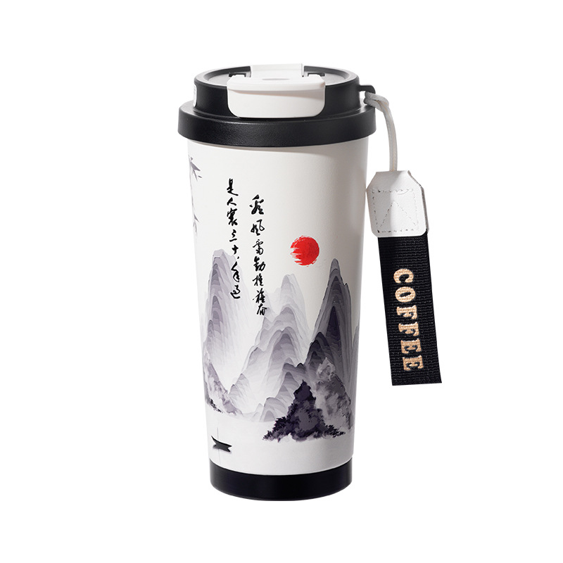国风保温杯316不锈钢陶瓷咖啡杯双饮车载吸管杯子办公室礼品水杯白底实物图