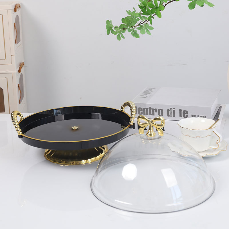 Cross-border cake tray with lid, dessert plate display, rotating fruit plate, black plastic buffet bread and pastry presentation Application Scenario