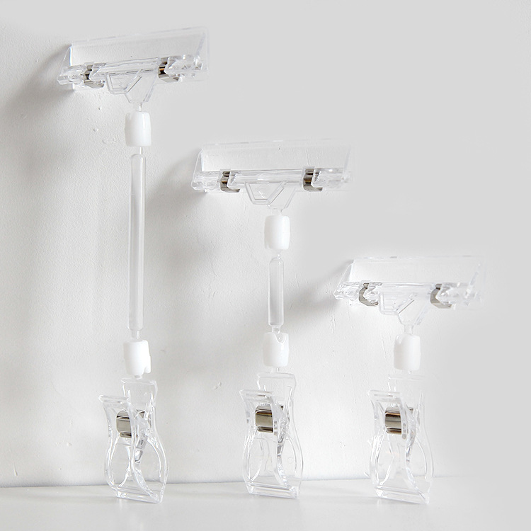 Telescopic desktop, desktop display stand, vertical shelf, double-head clamp, transparent T-shaped poster stand, POP explosive sticker clamp, counter explosive sticker fixed support, sales promotion notice display stand, product publicity label clamping stand Application Scenario