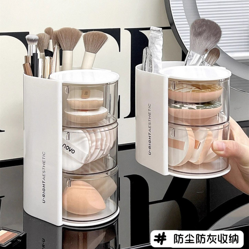 Powder puff desktop storage box, rotating dust-proof dressing table, desktop beauty egg cushion, lipstick, makeup brush storage cylinder details Picture