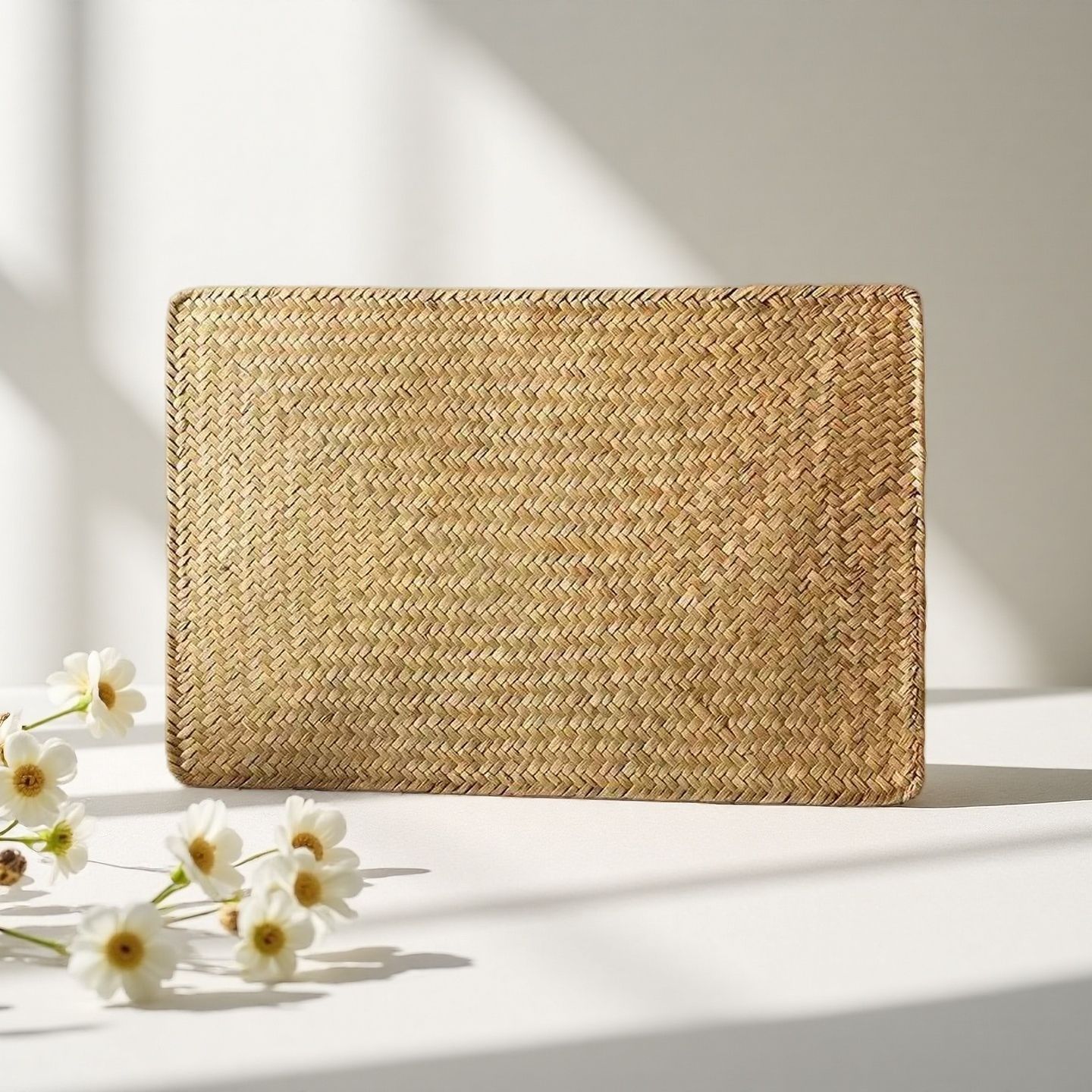 大号藤草编织餐垫茶盘垫复古中式方形装饰田园风隔热垫拍照道具细节图
