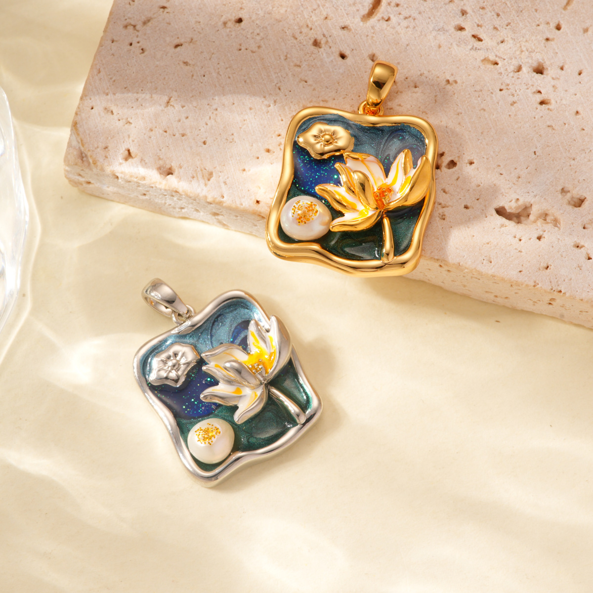 18k copper plated with real gold and inlaid with pearls, lotus pendant, color retention, high-end style bracelet, necklace clasp DIY accessory details Picture