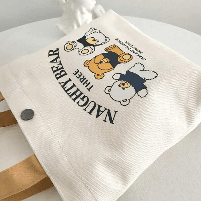 Cross-Border Bear Canvas Bag For Female Students, Portable Work Small Number, Hand-Held Bento Bag, Handbag Canvas Bag For Women, Single-Shoulder Bag, Handbag Storage Bag, Simple Handbag Canvas Bag Application Scenario