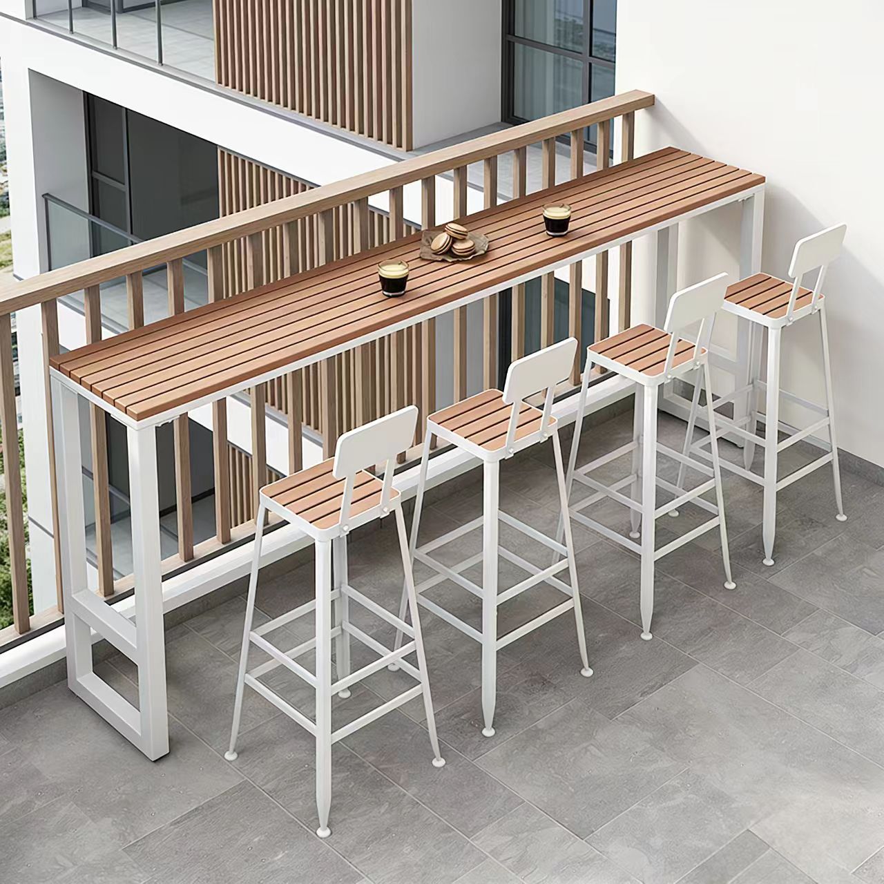 Star Terrace Bar counter table and chair set, coffee shop outdoor anti-corrosion and sun protection high leg narrow table, outdoor balcony wall long table Specification image