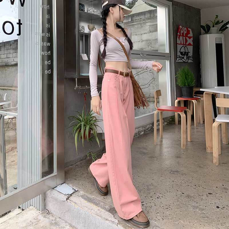 Dirty pink wide-leg jeans for women, 2024 new summer American bestseller, pleated, high-end, loose, drape floor-length pants Application Scenario