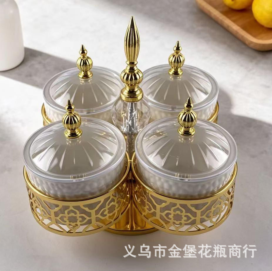 描金浮雕陶瓷六格果盒360°旋转铁艺底座带防尘盖家用坚果干货