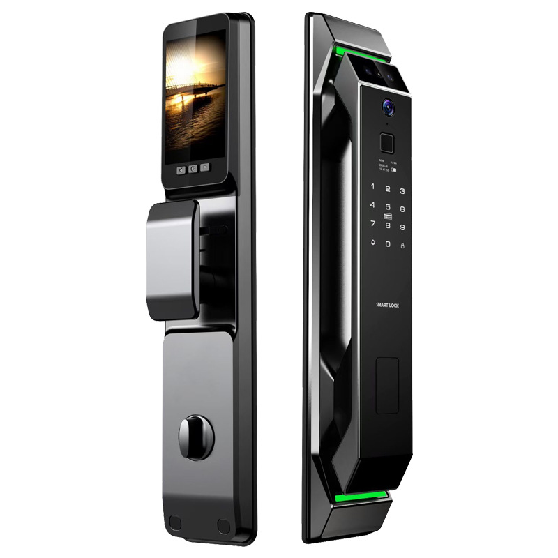 Tongtong Lock's black smart door lock features a high-definition cat-eye large screen for facial recognition unlocking, a digital keyboard, a C-level lock core, and a green sensor bar Item Picture