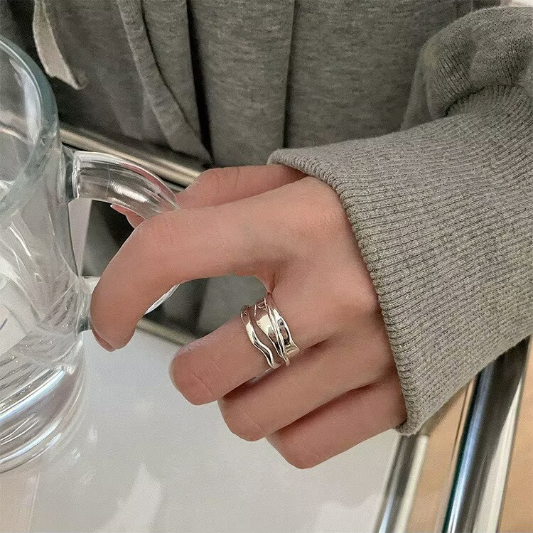 S925 sterling silver 12.5 hollowed-out irregular double-layer ring, women's Instagram niche design, light luxury and high-end feel, adjustable details Picture