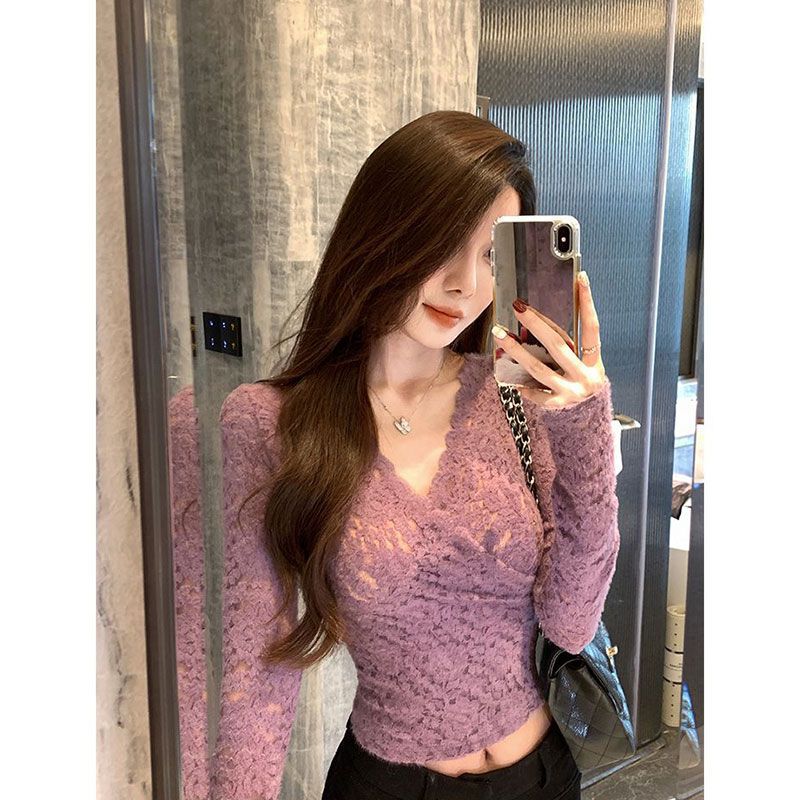 御姐轻熟风V领交叉蕾丝衫女秋冬季性感内搭打底衫收腰修身T恤上衣