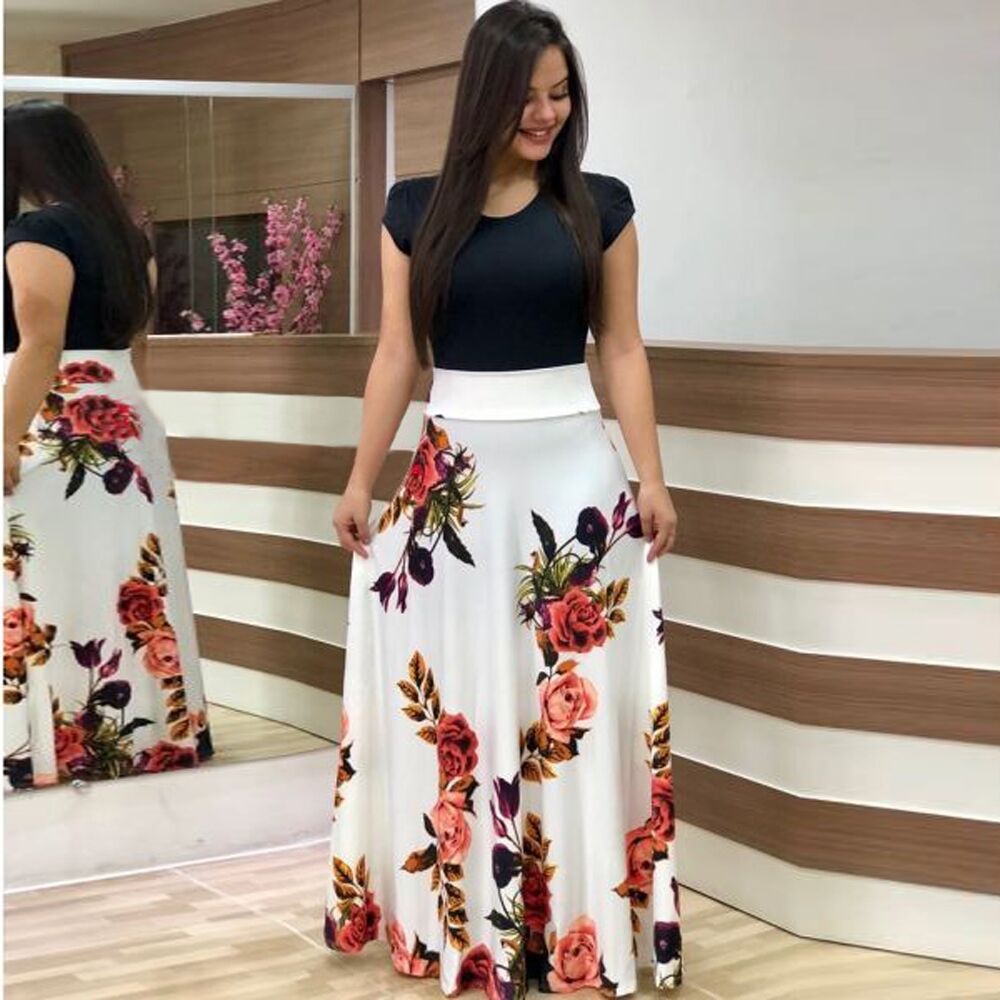 Cross-border wish AliExpress 2023 Bestseller European and American style floral print color-blocked short-sleeved plus-size dress for women details Picture